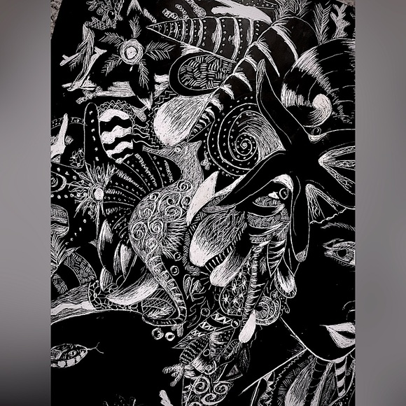 Handmade Black & White Sea Shell Mermaid Ocean Fantasy Scratchboard Artwork - Picture 4 of 10